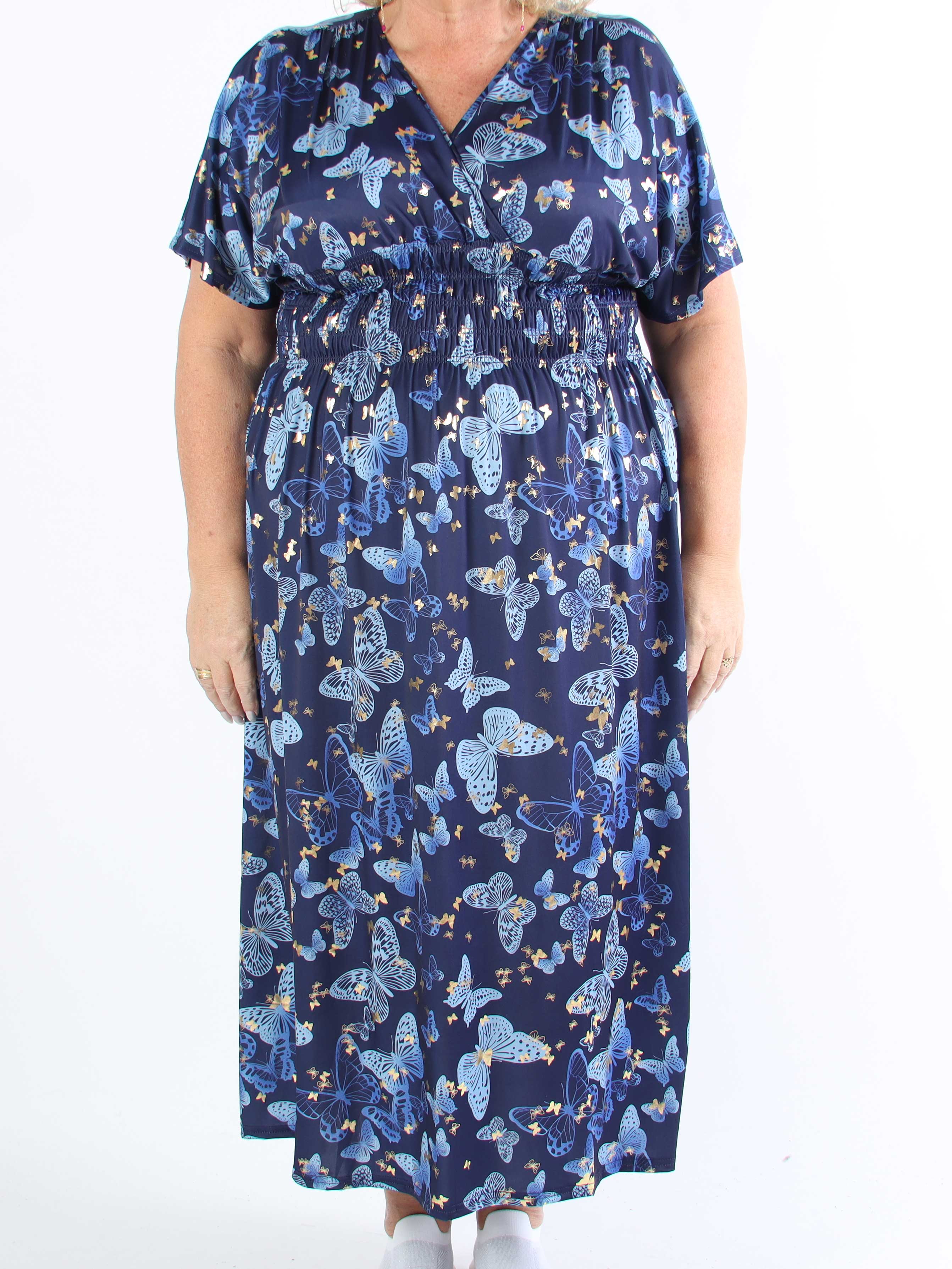 Pams Butterfly - Lång elastisk plus size-klänning med smockad midja
